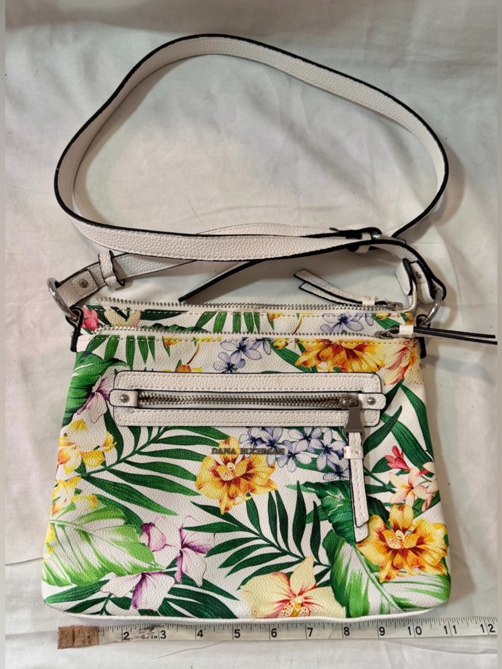 DANA BUCHMAN TROPICAL FLORAL PURSE CROSSBODY, POCKETS, FAUX LEATHER  11”x9”